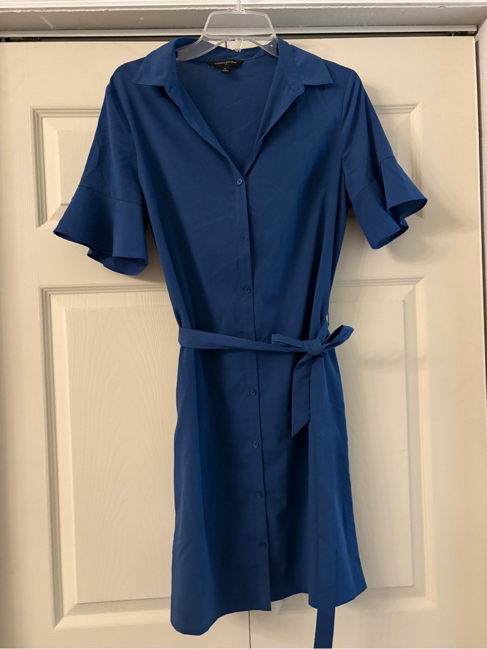 Blue ruffle sleeve Button-Front Shirt Dress with Tie Waist - banana republic